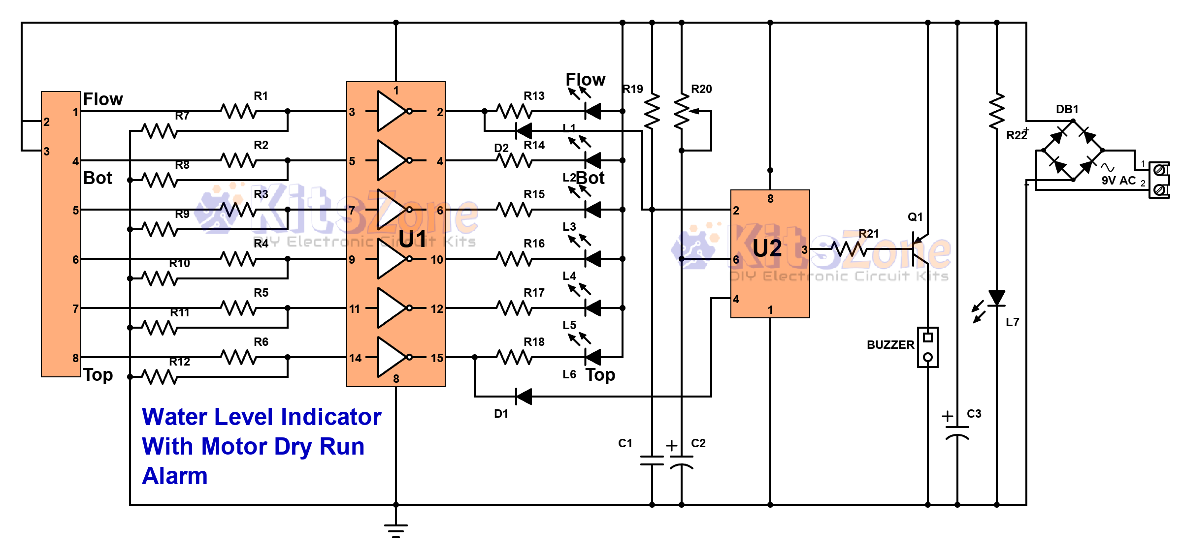 Water Level Indicator Circuit With IC 555 | Dry Run Alarm
