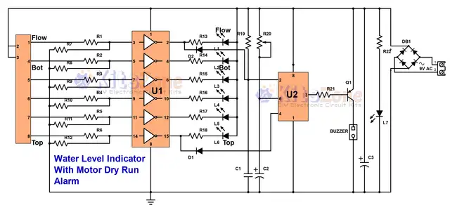 Water Level Indicator Circuit With IC 555 | Dry Run Alarm