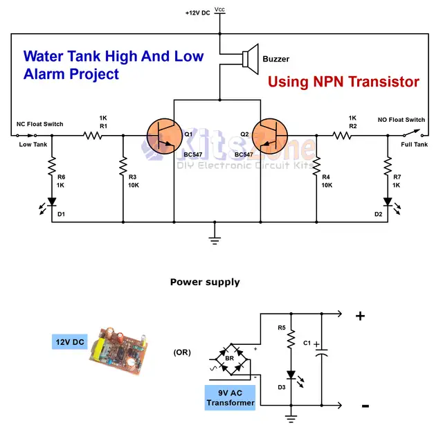 Full & Low Water Tank Alarm Project Using BJT