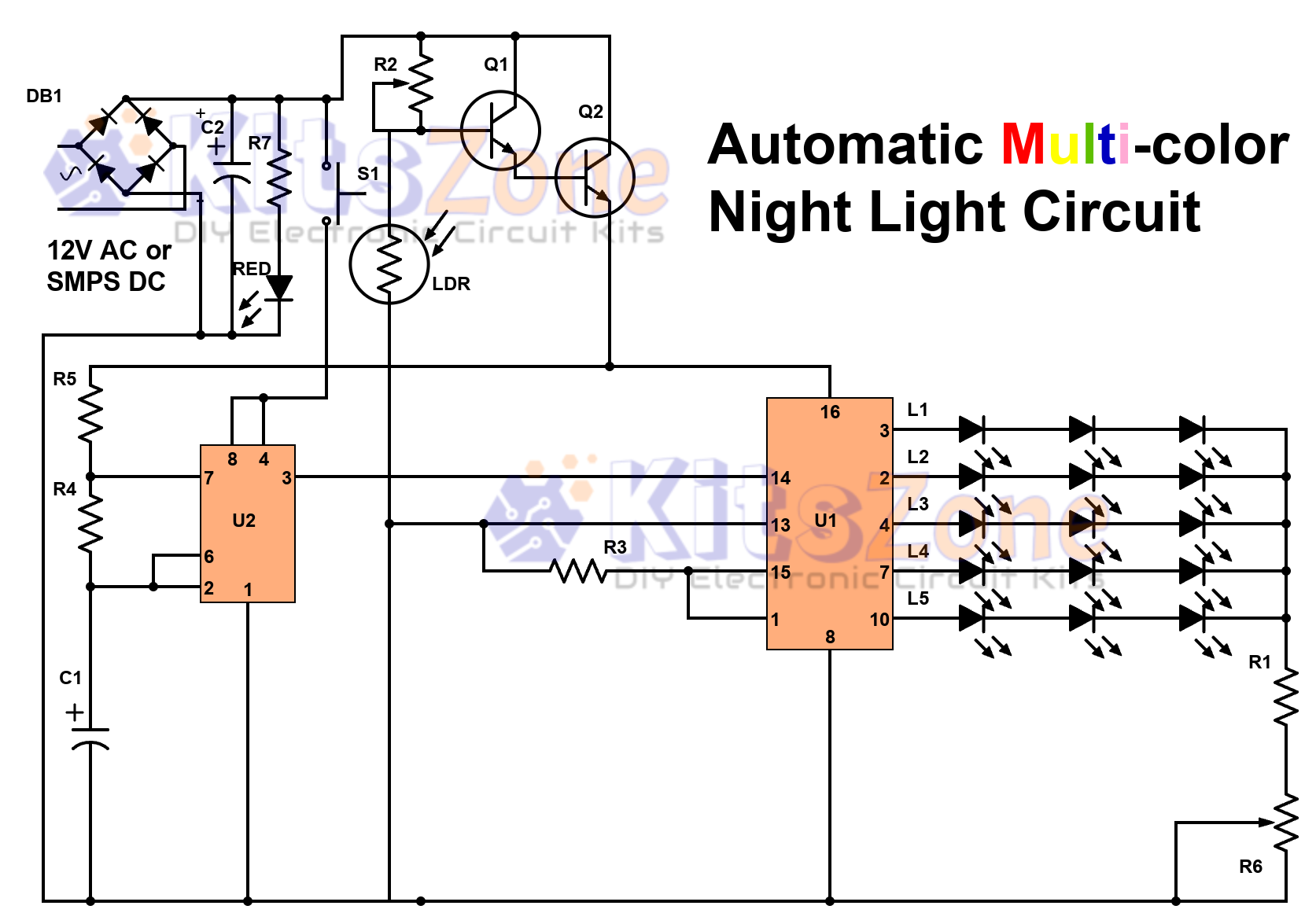 Multi-color Night Light Circuit Using CD4017