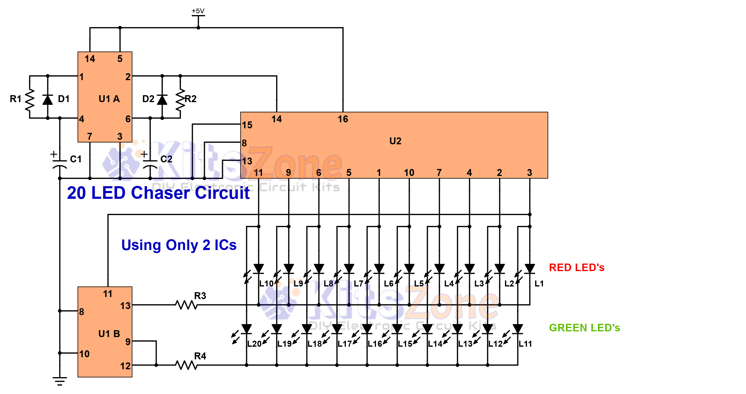 Light Chaser Circuit Using Cd4017 And Cd4013